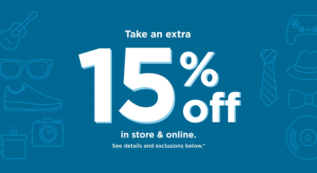 take an extra 15% off using promo code GO15. shop now.