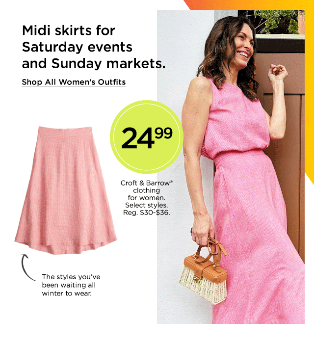 midi skirts for saturday events and sunday markets. 24.99 croft and barrow clothing for women. shop all women's outfits.