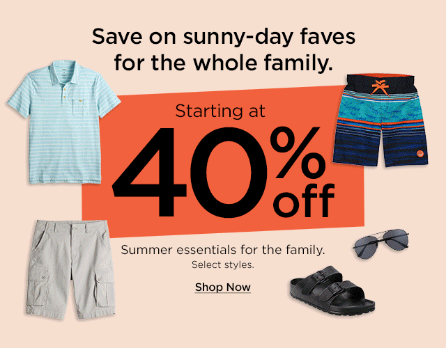 save on sunny-day faves for the whole family. starting at 40% off summer essentials for the family. select styles. shop now.