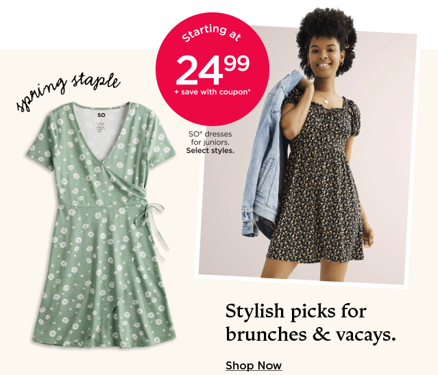 starting at $24.99 plus save with coupon so dresses for juniors. select styles.