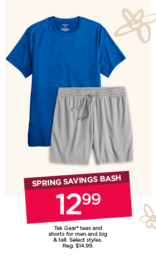 spring savings bash 12.99 tek gear tees and shorts for men and big and tall. select styles.