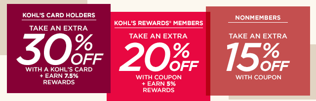 kohl's card holders take an extra 30% off with kohl's card. kohl's rewards members take an extra 20% with coupon. nonmembers take an extra 15% off with coupon.