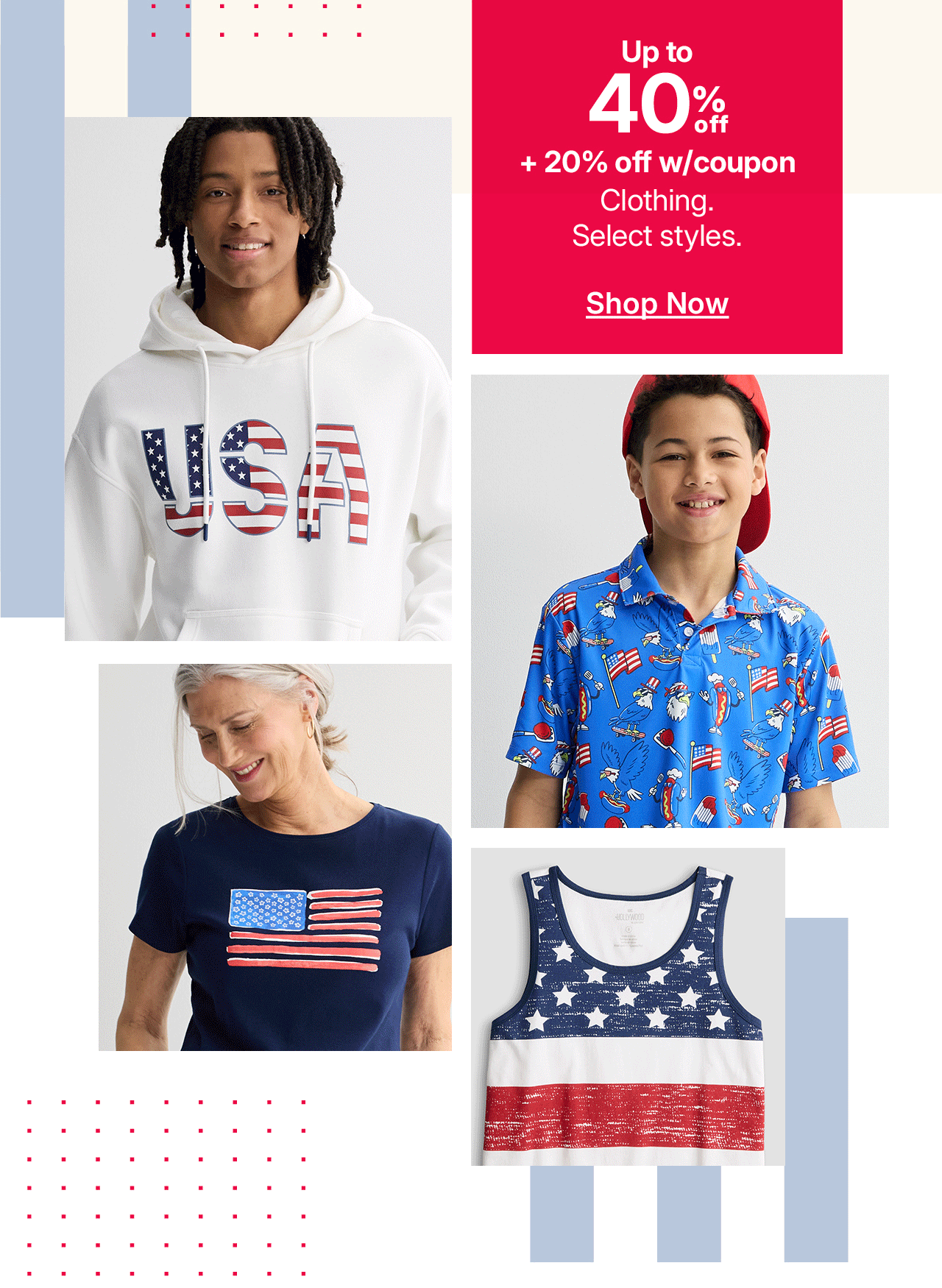 up to 40% off + 20% off coupon clothing