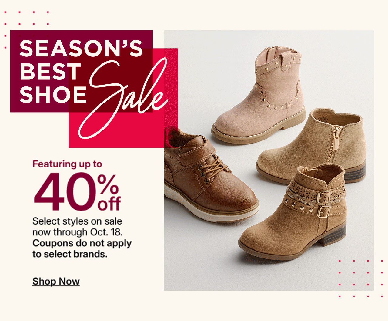 seasons best shoe sale. featuring 40% off select styles on sale