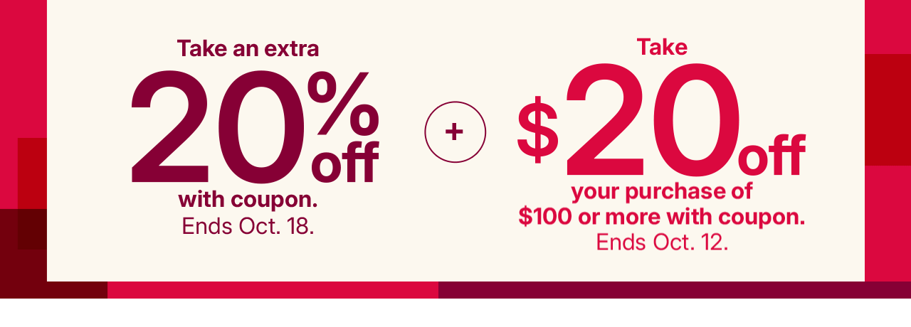 20% off plus take $20 off your purchase of $100 or more with coupon