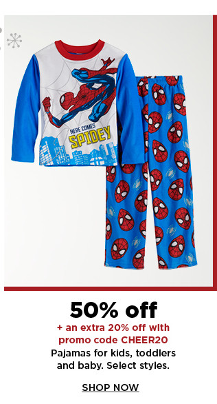 50% off plus an extra 20% off with promo code CHEER20 pajamas for kids toddlers and baby. shop now.