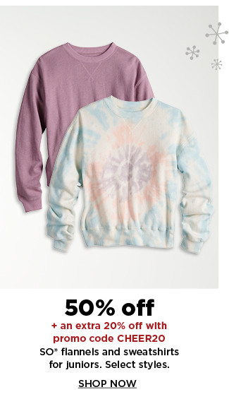 50% off plus an extra 20% off with promo code CHEER20 so flannels and sweatshirts for juniors.  shop now.