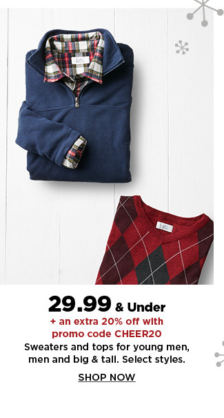 29.99 and under plus an extra 20% off with promo code CHEER20 sweaters and tops for young men men and big and tall. shop now.
