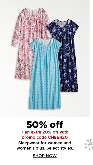 50% off plus an extra 20% with promo code CHEER20 pajamas for women and womens plus.  shop now.
