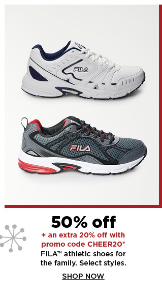 50% off plus take an extra 20% off with promo code CHEER20 on fila athletic shoes for the family. shop now.
