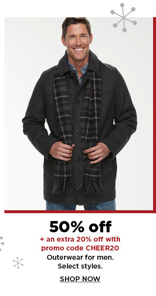 50% off plus an extra 20% off with promo code CHEER20 outerwear for men. shop now.