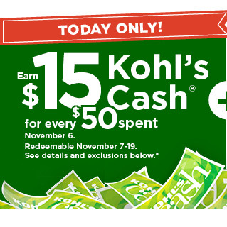 everyone gets $15 kohls cash for every $50 spent. shop now.