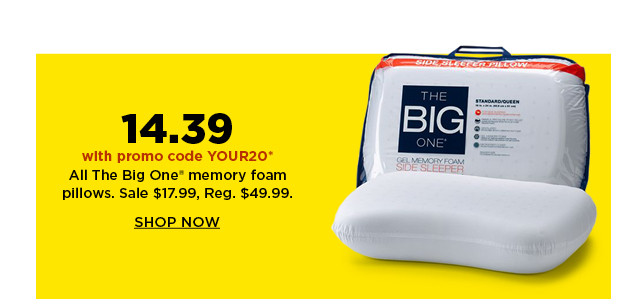 14.39 with promo code YOUR20 all the big one memory foam pillows.