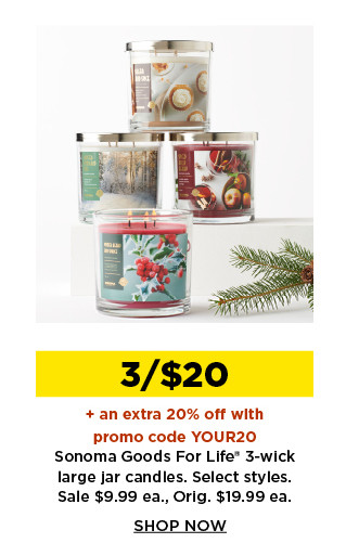 3 for $20 plus take an extra 20% off with promo code YOUR20 sonoma goods for life 3 wick large jar candles. shop now.