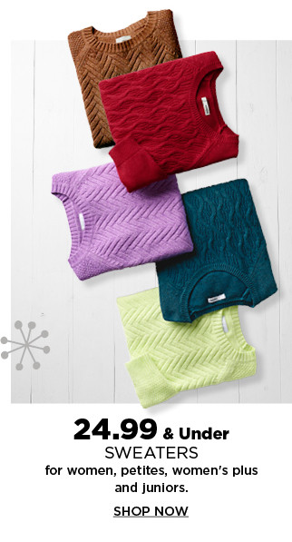 24.99 and under sweaters for women, petites, womens plus and juniors.  shop now.