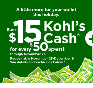 everyone gets $15 kohls cash for every $50 spent. shop now.