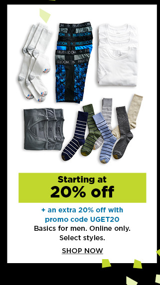 starting at 20% off plus an extra 20% off with promo code UGET20 basics for men. shop now.