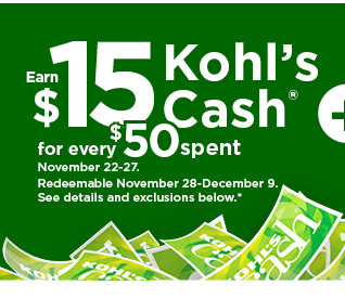everyone gets $15 kohls cash for every $50 spent. shop now.