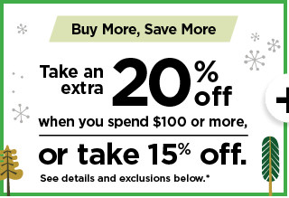 take an extra 20% when you spend $100 or more or take 15% off using promo code LETSGO. shop now.