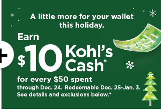 everyone gets $10 kohls cash for every $50 spent. shop now.