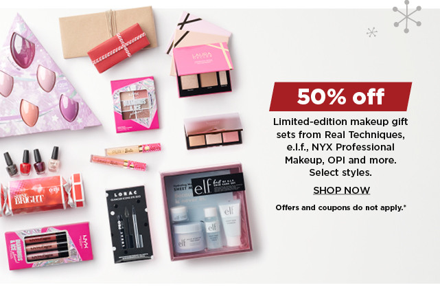 50% off limited edition makeup gift sets from real techniques, elf, NYX professional makeup, OPI and more.  shop now.