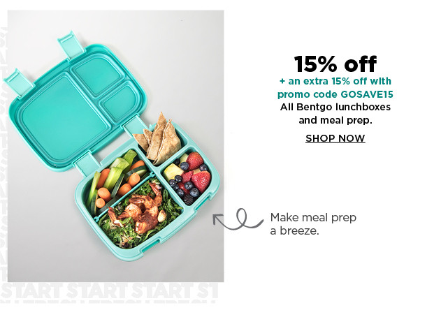 15% off plus take an extra 15% off with promo code GOSAVE15 bentgo lunchboxes and meal prep. shop now.
