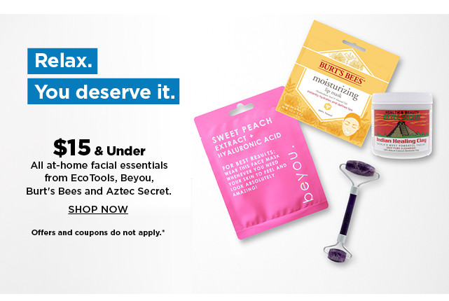 $15 and under at home facial essentials from eco tools, beyou, burts bees and aztec secret.  shop now.