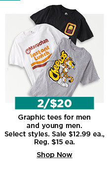 2 for $20 graphic tees for men and young men. sale 12.99 each. shop now.