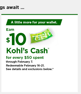 everyone gets $10 kohls cash for every $50 spent. shop now.