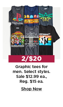 2 for $20 graphic tees for men. sale 12.99 each. shop now.