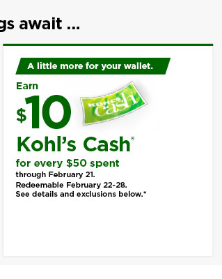 everyone gets $10 kohls cash for every $50 spent. shop now.