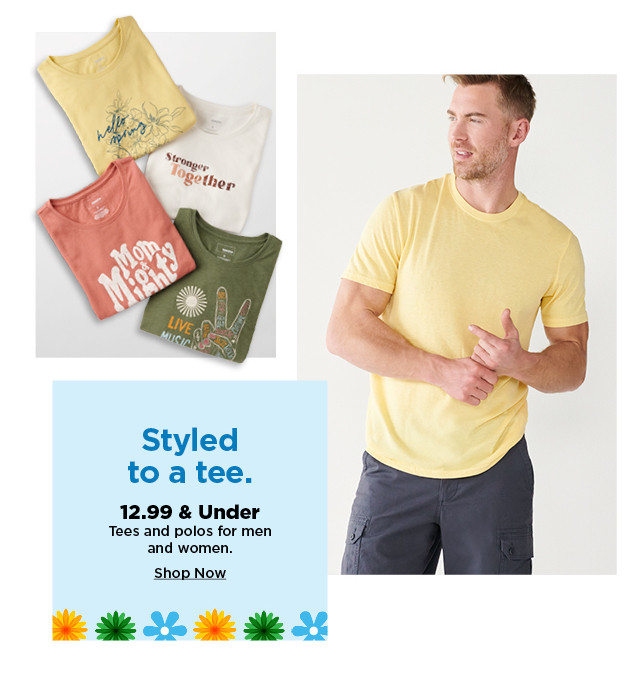 12.99 and under tees and polos for men and women. shop now.