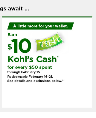 everyone gets $10 kohls cash for every $50 spent. shop now.