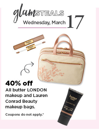 glam steals. 40% off butter london cosmetics and lauren conrad beauty cosmetic bags.  shop now.