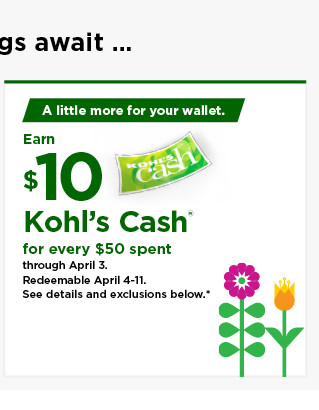 everyone gets $10 kohls cash for every $50 spent. shop now.