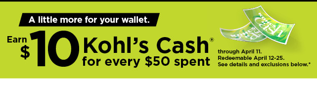 everyone gets $10 kohls cash for every $50 spent. shop now.