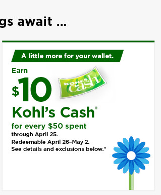 everyone gets $10 kohls cash for every $50 spent. shop now.