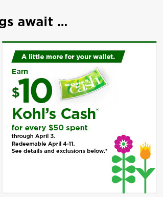 everyone gets $10 kohls cash for every $50 spent. shop now.