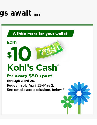 everyone gets $10 kohls cash for every $50 spent. shop now.