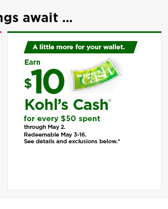 everyone gets $10 kohls cash for every $50 spent. shop now.