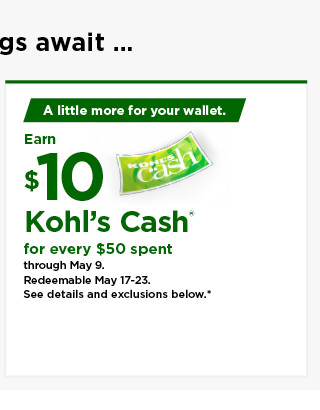 everyone gets $10 kohls cash for every $50 spent. shop now.
