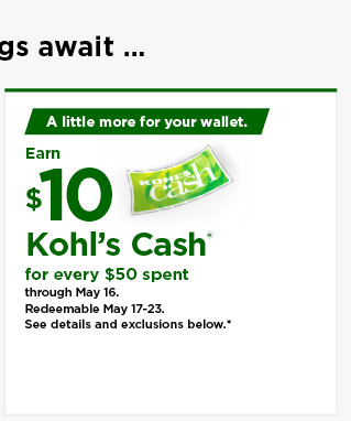 everyone gets $10 kohls cash for every $50 spent. shop now.