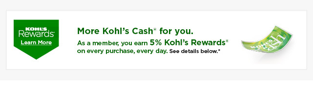 more kohls cash for you on every purchase every day. learn more. 