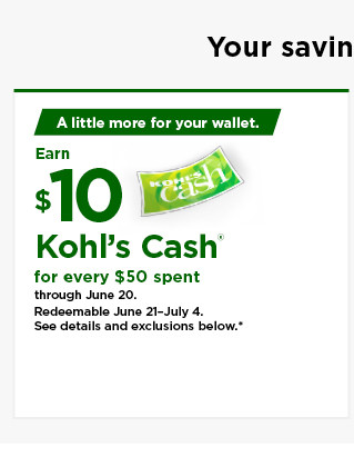 everyone gets $10 kohls cash for every $50 spent. shop now.