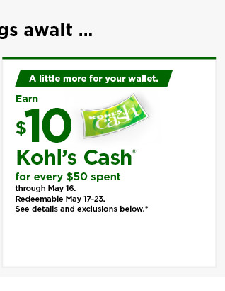 everyone gets $10 kohls cash for every $50 spent. shop now.