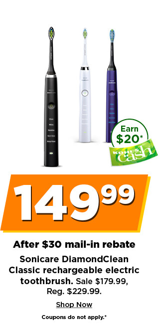 149.99 after $30 mail in rebate sonicare diamond clean classic rechargeable electric toothbrush. shop now.