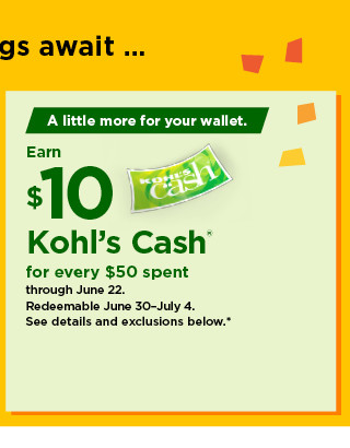 everyone gets $10 kohls cash for every $50 spent. shop now.