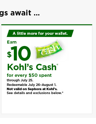 everyone gets $10 kohls cash for every $50 spent. shop now.