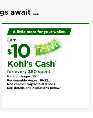 everyone gets $10 kohls cash for every $50 spent. not valid on sephora at kohl's. shop now.