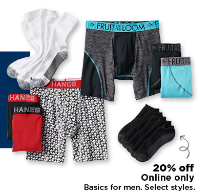 20% off basics for men. online only.